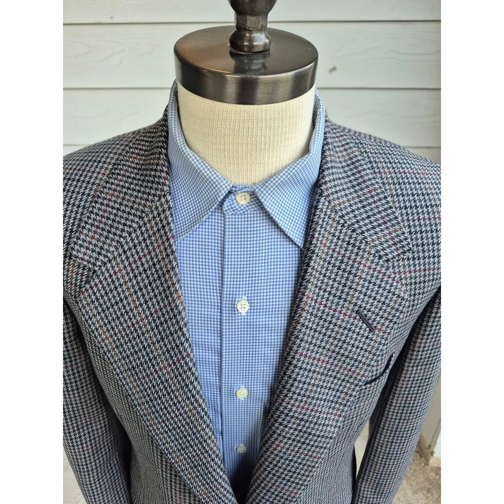 Oxxford Clothes Made By Hand Grey Houndstooth‎ Windowpane Sport Coat Sz 40 S R